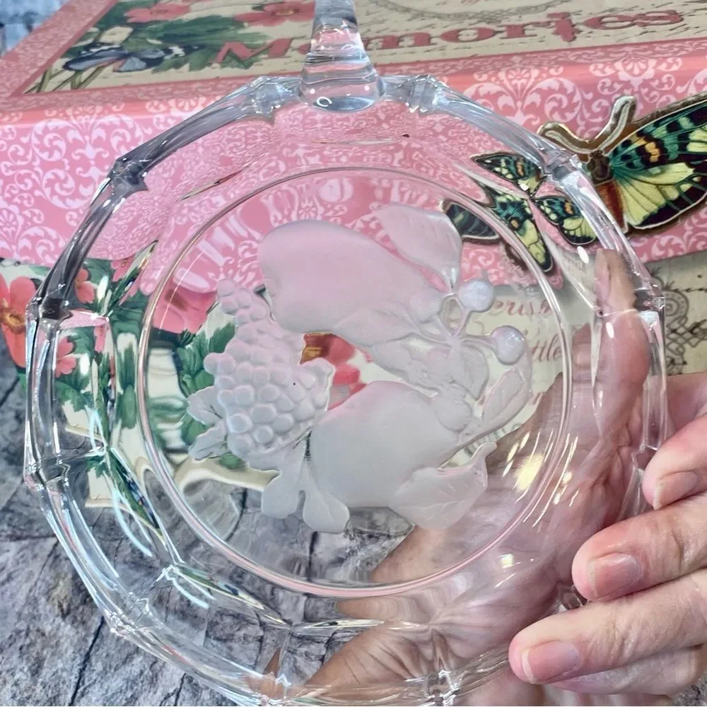 Val St Lambert Crystal Serving Dish Candy Nappy Bowl Floral Mid Century